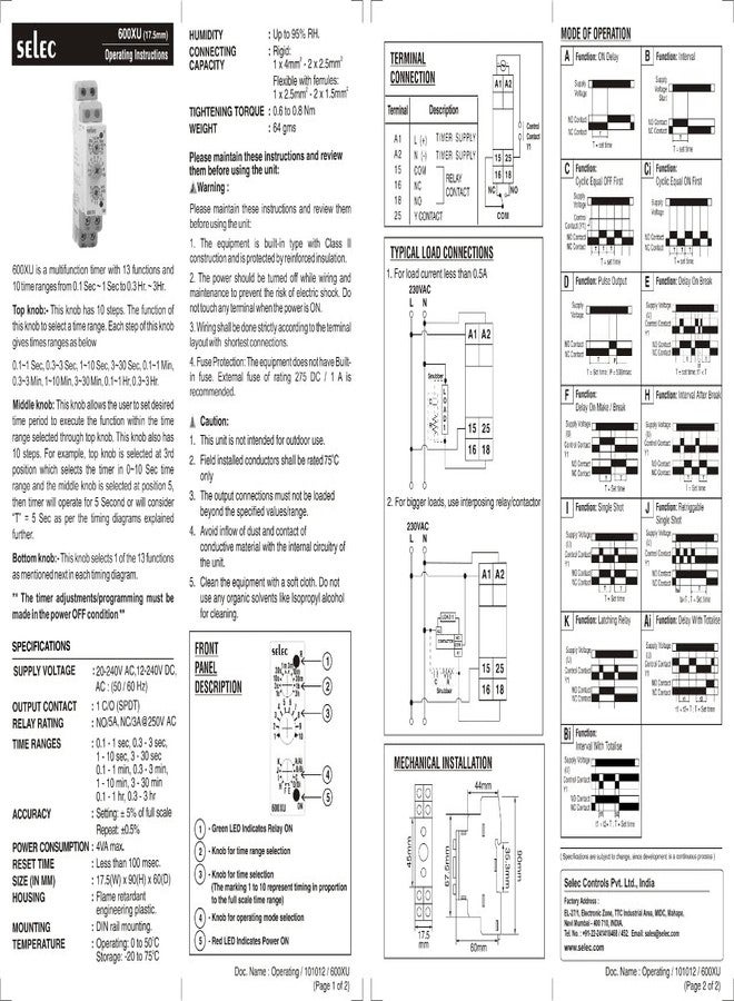 Selec Analog Timer, DIN Rail Mount 17.5mm, 10 time ranges, Slim Timer - Selec 600XU - Image 3